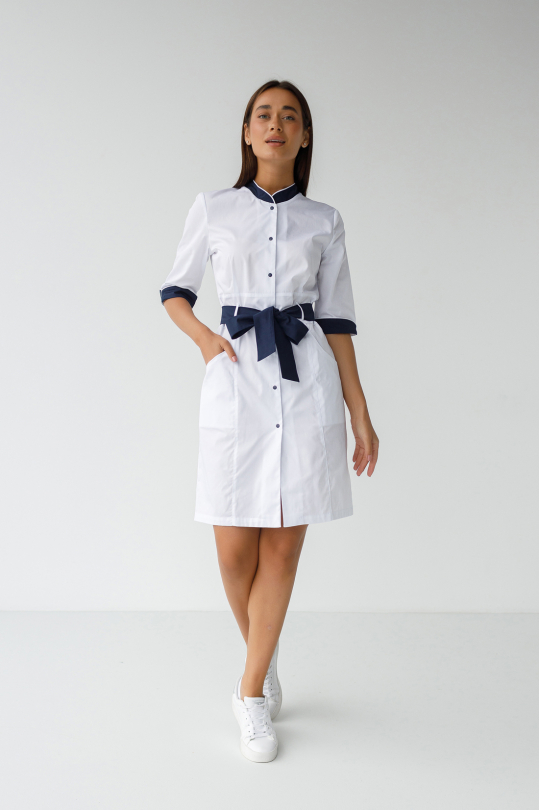 Жіночий медичний халат (білий / сині вставки) "Марта" 