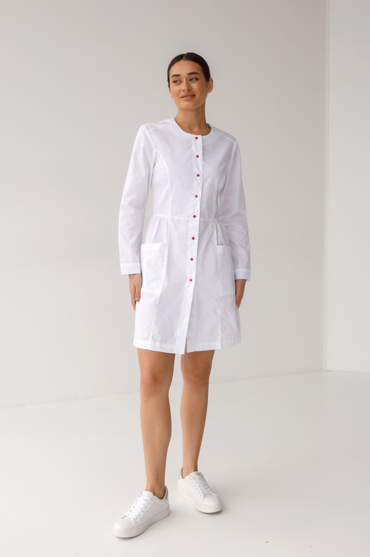 Жіночий медичний халат (червоні кнопки / довгий рукав) "Венера" 