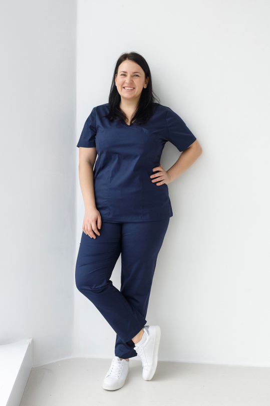 Женский медицинский костюм Plus Size (стрейч/синий) "Рада"