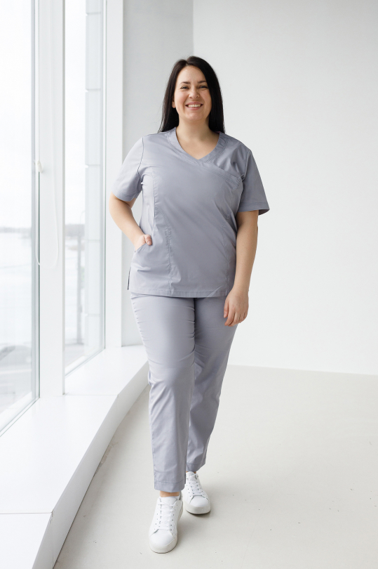 Женский медицинский костюм Plus Size (стрейч/серый) "Рада"