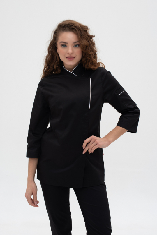 Жіночий кухарський китель (чорний/біла окант./ стрейч)