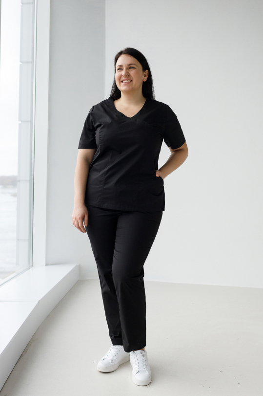 Женский медицинский костюм Plus Size (стрейч / черный) "Рада"