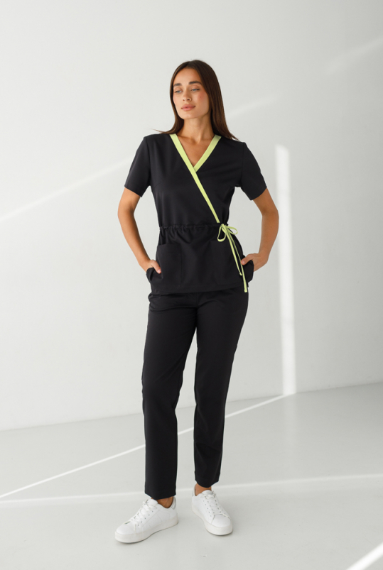 Женский медицинский костюм (стрейч/черный-лайм) "Лора"
