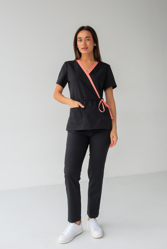 Женский медицинский костюм (стрейч/черный-корал) "Лора"