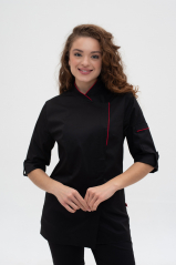 Жіночий кухарський китель (чорний/ червона окант. /стрейч)