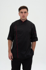 Чоловічий кухарський китель (чорний/ червона окант./ стрейч)