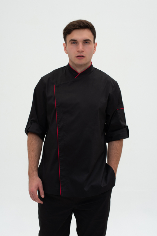 Мужской поварской китель (черный/ красная окант./ стрейч)